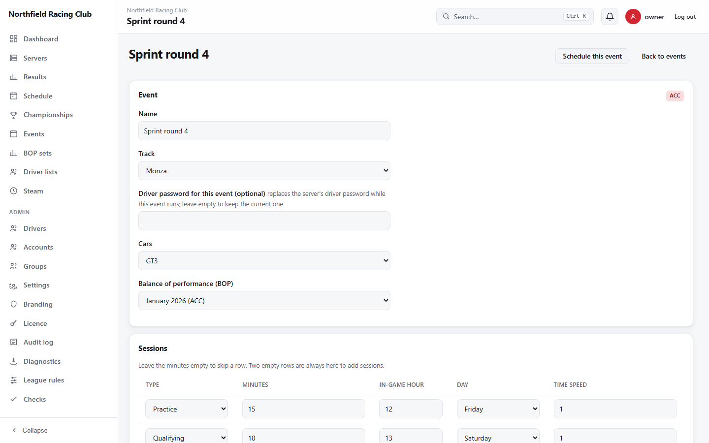 The event editor: track, cars, sessions, weather and BOP.