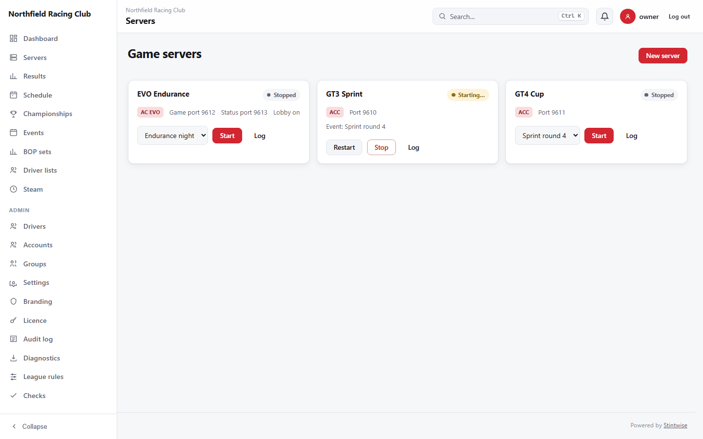 The servers page: each server's state, ports and start check.